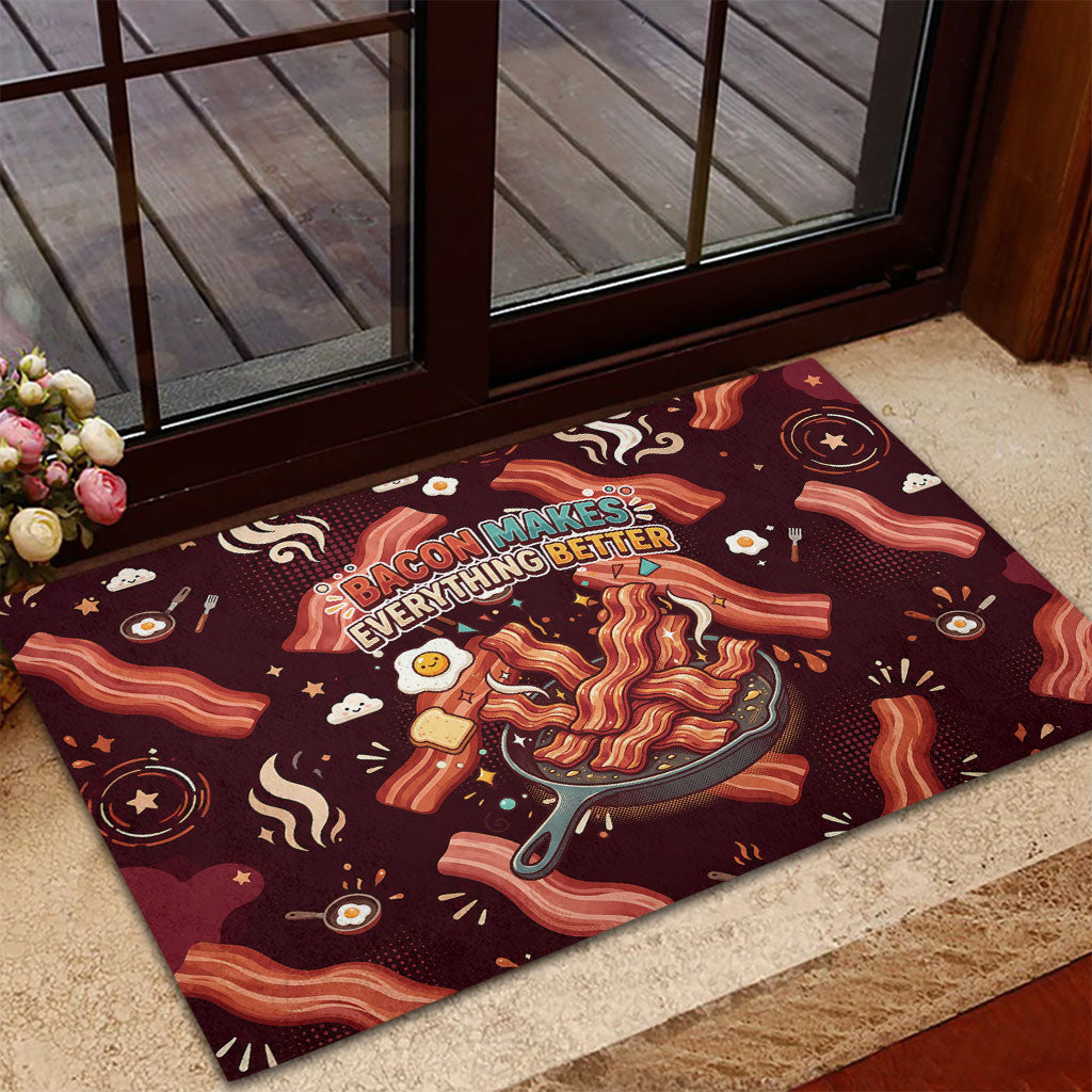 International Bacon Day Rubber Doormat Retro Bacon Pattern With Sizzling Skillet Graphic