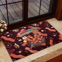 International Bacon Day Rubber Doormat Retro Bacon Pattern With Sizzling Skillet Graphic
