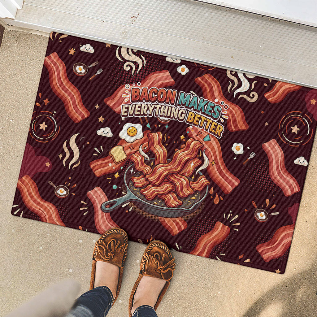International Bacon Day Rubber Doormat Retro Bacon Pattern With Sizzling Skillet Graphic