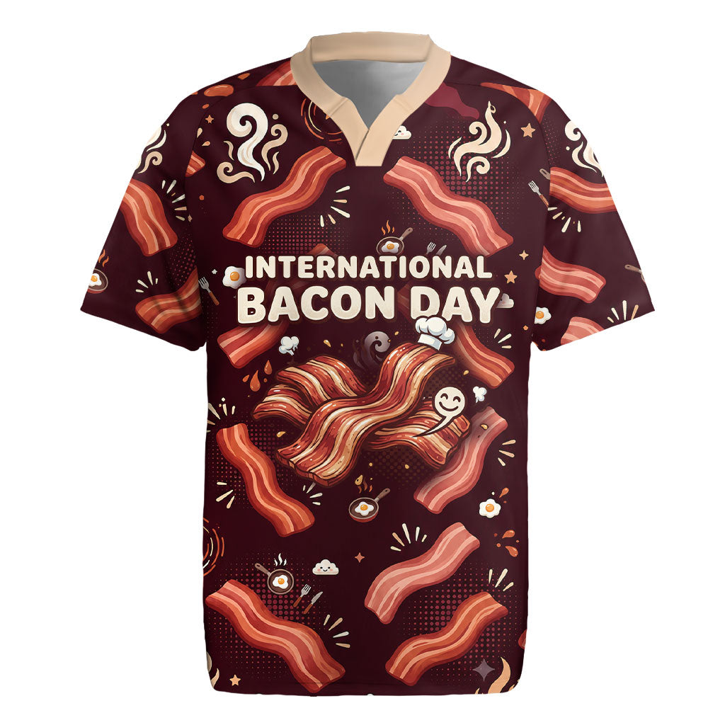 International Bacon Day Rugby Jersey Retro Bacon Pattern With Sizzling Skillet Graphic