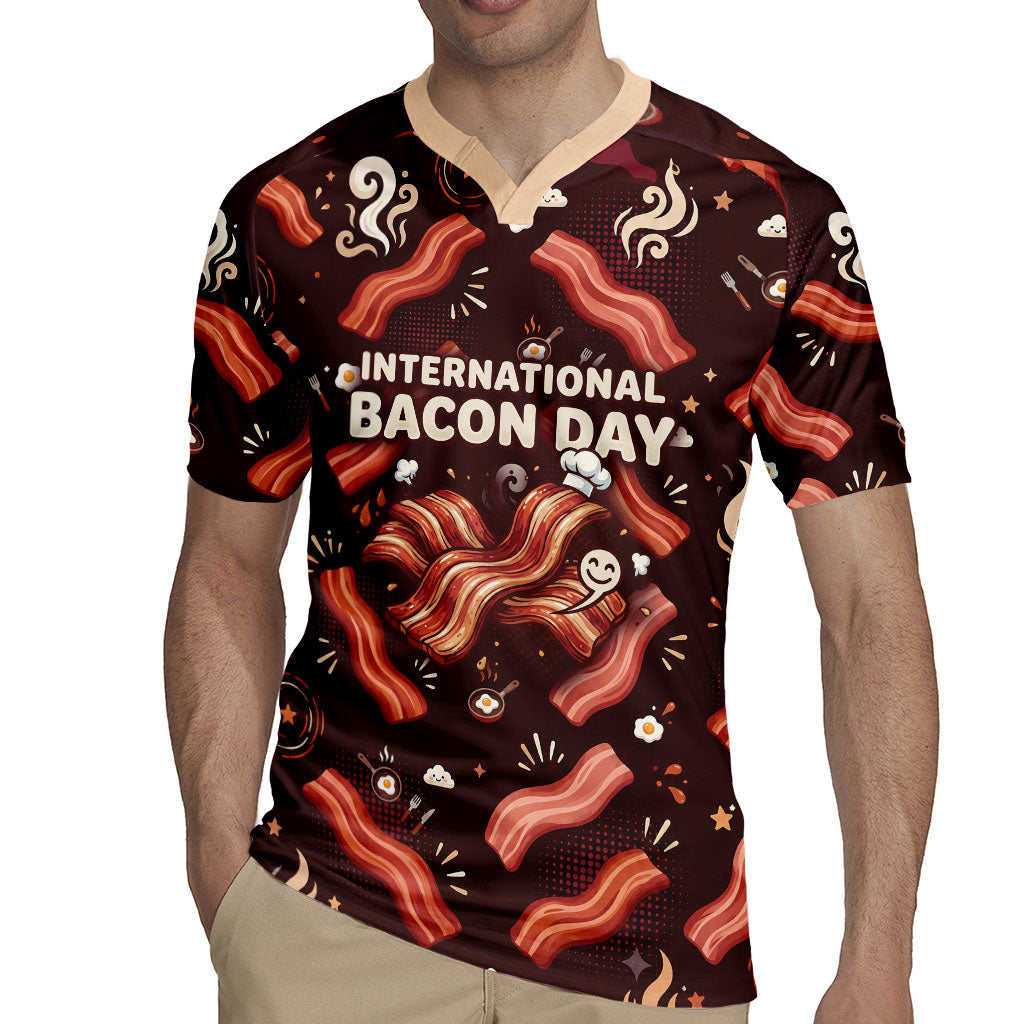 International Bacon Day Rugby Jersey Retro Bacon Pattern With Sizzling Skillet Graphic
