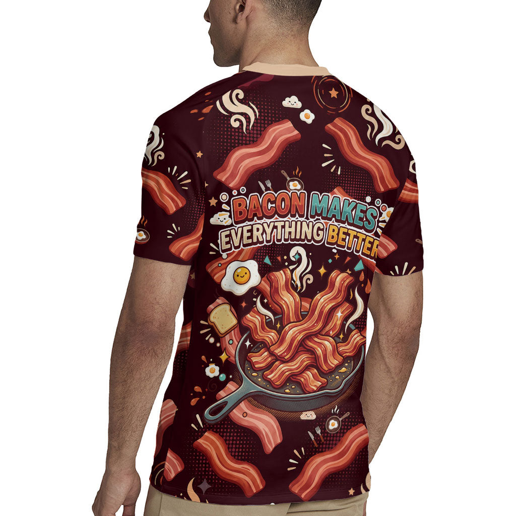 International Bacon Day Rugby Jersey Retro Bacon Pattern With Sizzling Skillet Graphic