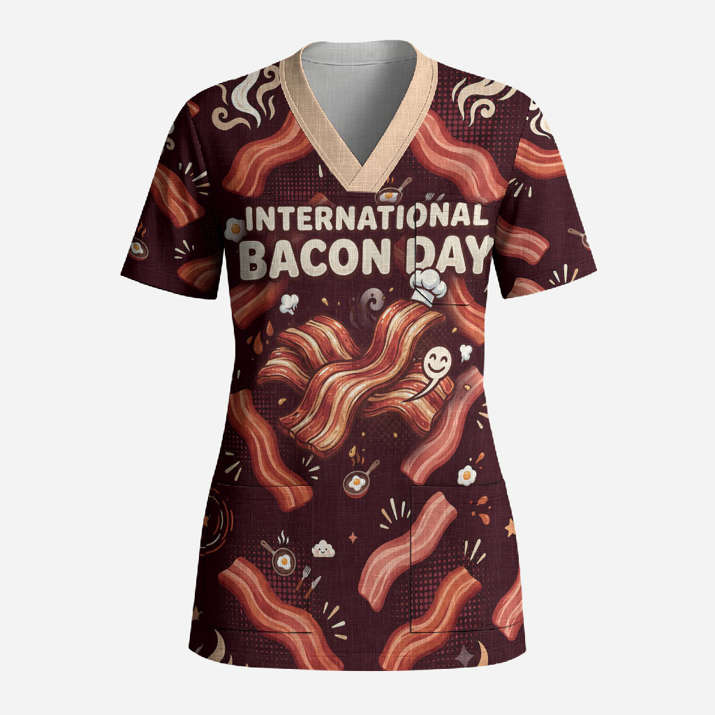 International Bacon Day Scrub Top Retro Bacon Pattern With Sizzling Skillet Graphic