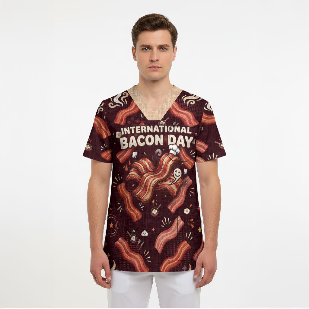 International Bacon Day Scrub Top Retro Bacon Pattern With Sizzling Skillet Graphic