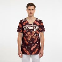International Bacon Day Scrub Top Retro Bacon Pattern With Sizzling Skillet Graphic