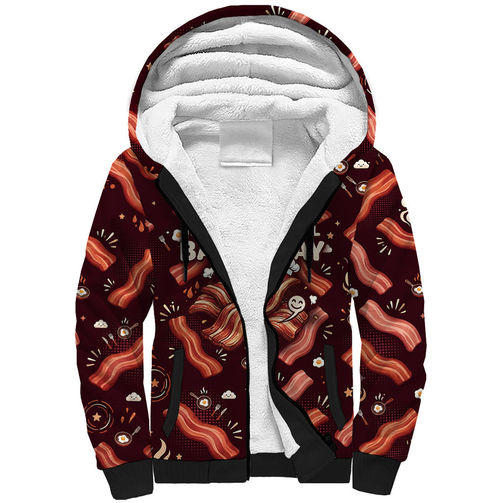 International Bacon Day Sherpa Hoodie Retro Bacon Pattern With Sizzling Skillet Graphic