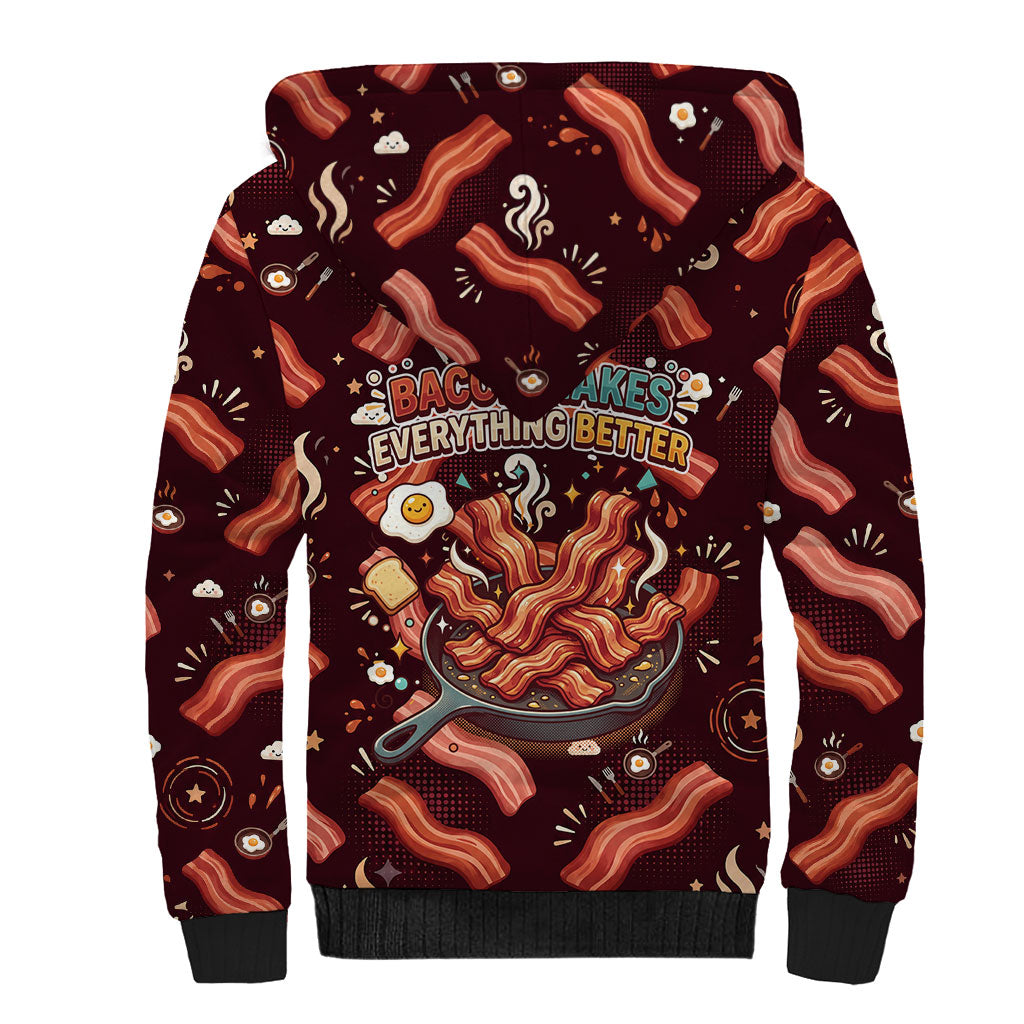 International Bacon Day Sherpa Hoodie Retro Bacon Pattern With Sizzling Skillet Graphic