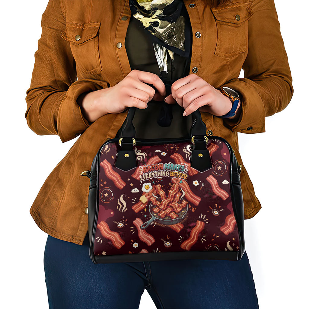 International Bacon Day Shoulder Handbag Retro Bacon Pattern With Sizzling Skillet Graphic