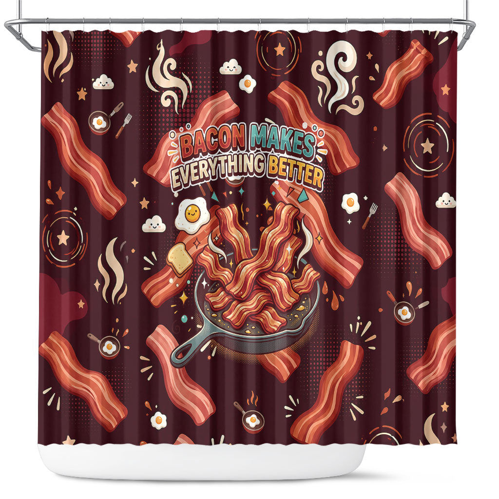 International Bacon Day Shower Curtain Retro Bacon Pattern With Sizzling Skillet Graphic