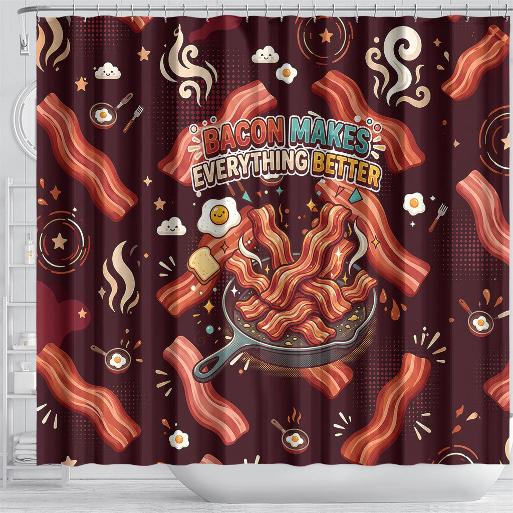 International Bacon Day Shower Curtain Retro Bacon Pattern With Sizzling Skillet Graphic