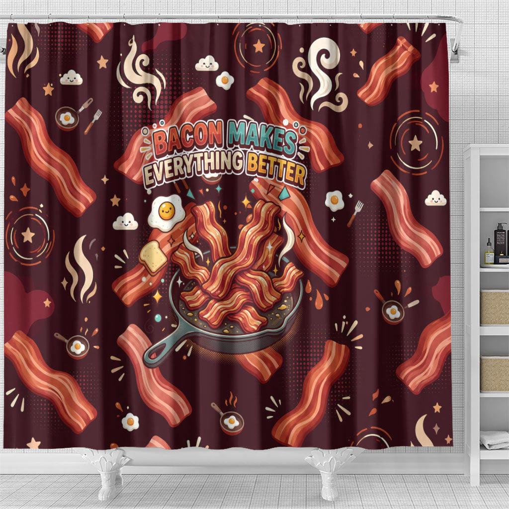 International Bacon Day Shower Curtain Retro Bacon Pattern With Sizzling Skillet Graphic