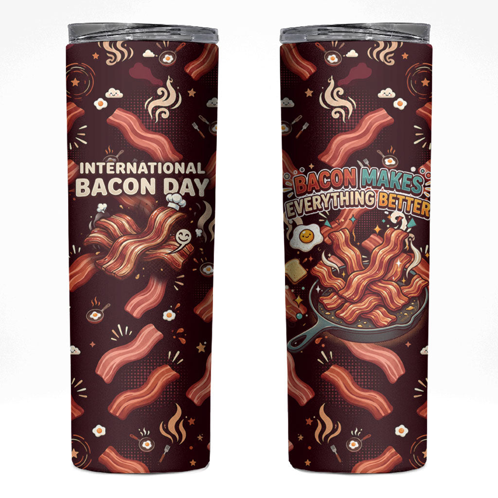 International Bacon Day Skinny Tumbler Retro Bacon Pattern With Sizzling Skillet Graphic