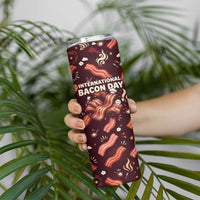 International Bacon Day Skinny Tumbler Retro Bacon Pattern With Sizzling Skillet Graphic