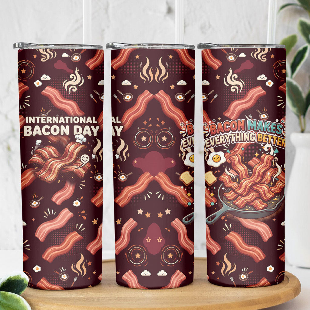 International Bacon Day Skinny Tumbler Retro Bacon Pattern With Sizzling Skillet Graphic