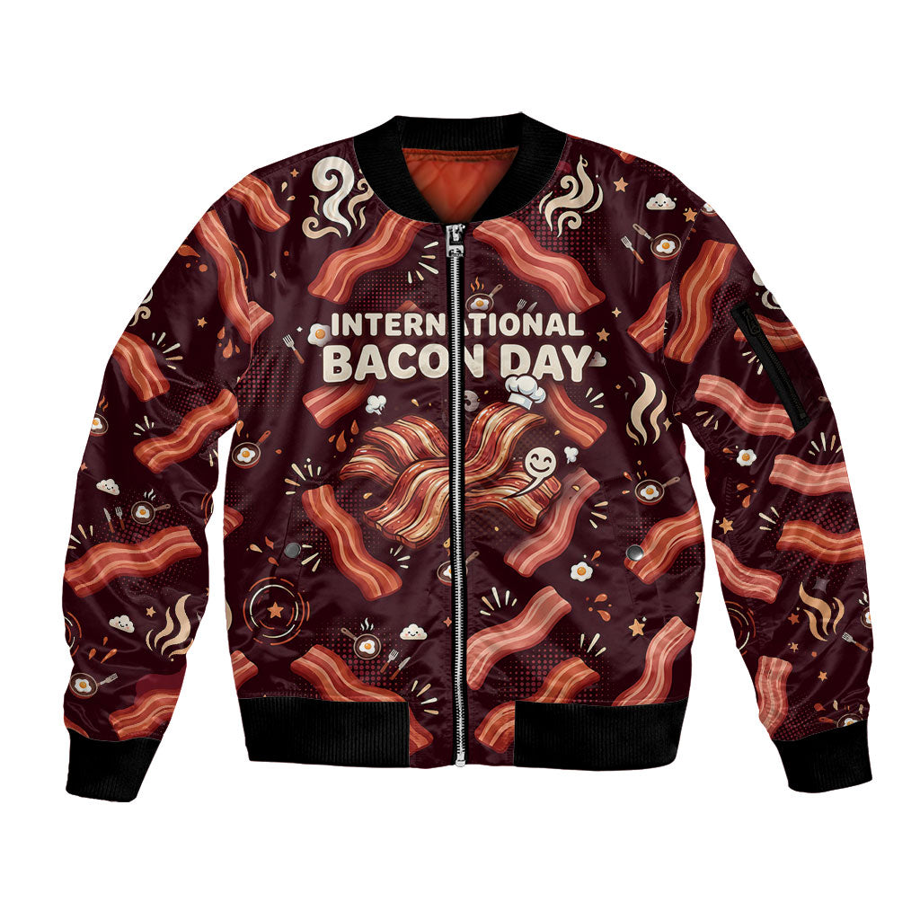 International Bacon Day Sleeve Zip Bomber Jacket Retro Bacon Pattern With Sizzling Skillet Graphic