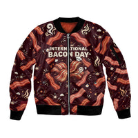 International Bacon Day Sleeve Zip Bomber Jacket Retro Bacon Pattern With Sizzling Skillet Graphic