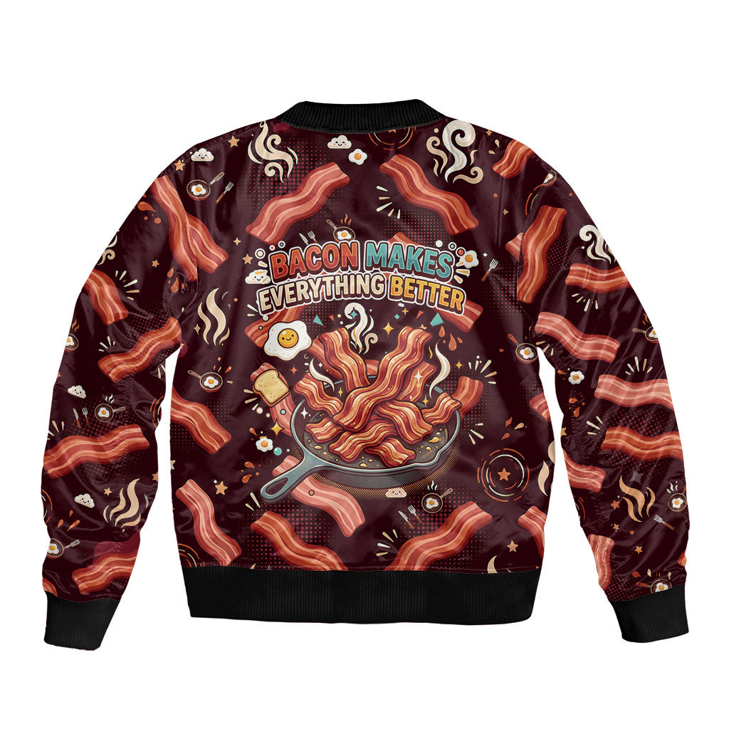 International Bacon Day Sleeve Zip Bomber Jacket Retro Bacon Pattern With Sizzling Skillet Graphic
