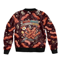 International Bacon Day Sleeve Zip Bomber Jacket Retro Bacon Pattern With Sizzling Skillet Graphic