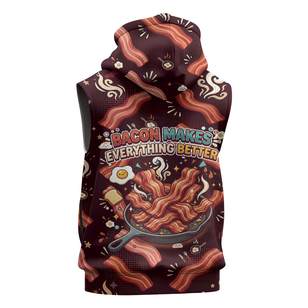 International Bacon Day Sleeveless Hoodie Retro Bacon Pattern With Sizzling Skillet Graphic