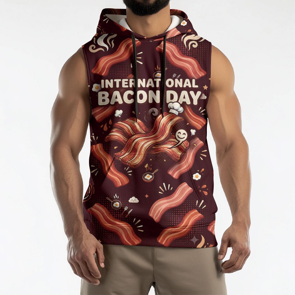 International Bacon Day Sleeveless Hoodie Retro Bacon Pattern With Sizzling Skillet Graphic