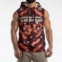 International Bacon Day Sleeveless Hoodie Retro Bacon Pattern With Sizzling Skillet Graphic