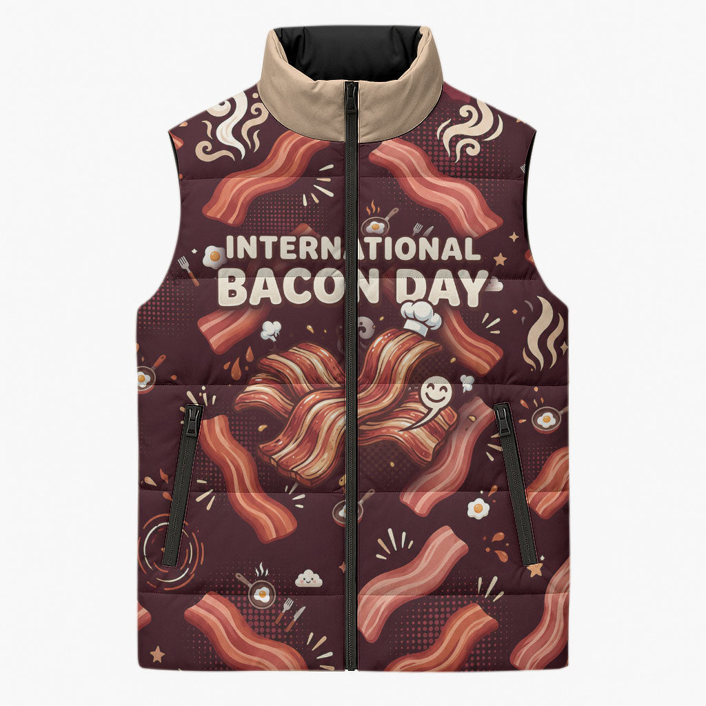 International Bacon Day Sleeveless Puffer Jacket Retro Bacon Pattern With Sizzling Skillet Graphic