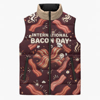 International Bacon Day Sleeveless Puffer Jacket Retro Bacon Pattern With Sizzling Skillet Graphic
