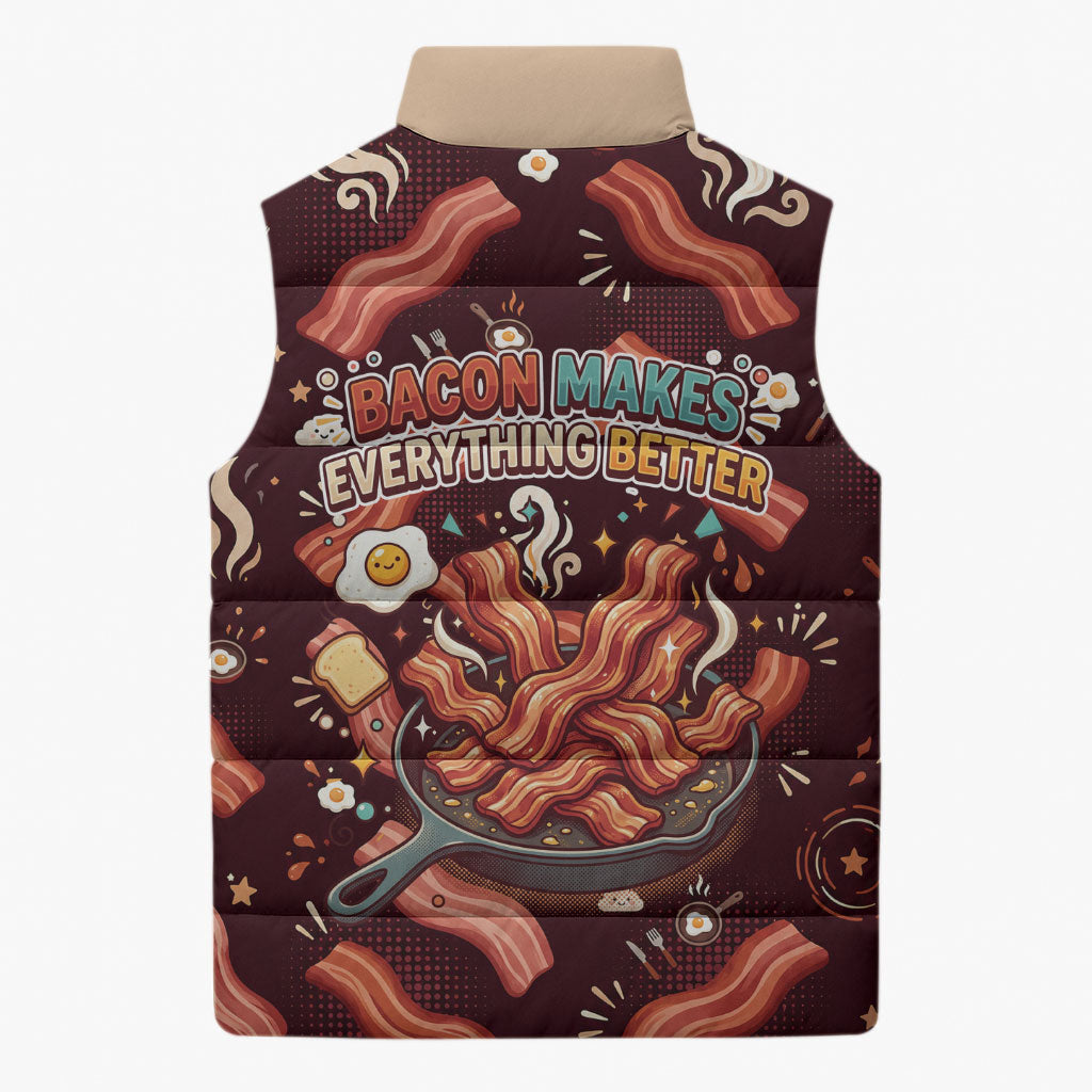 International Bacon Day Sleeveless Puffer Jacket Retro Bacon Pattern With Sizzling Skillet Graphic