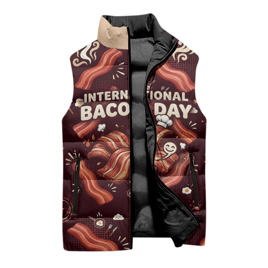 International Bacon Day Sleeveless Puffer Jacket Retro Bacon Pattern With Sizzling Skillet Graphic