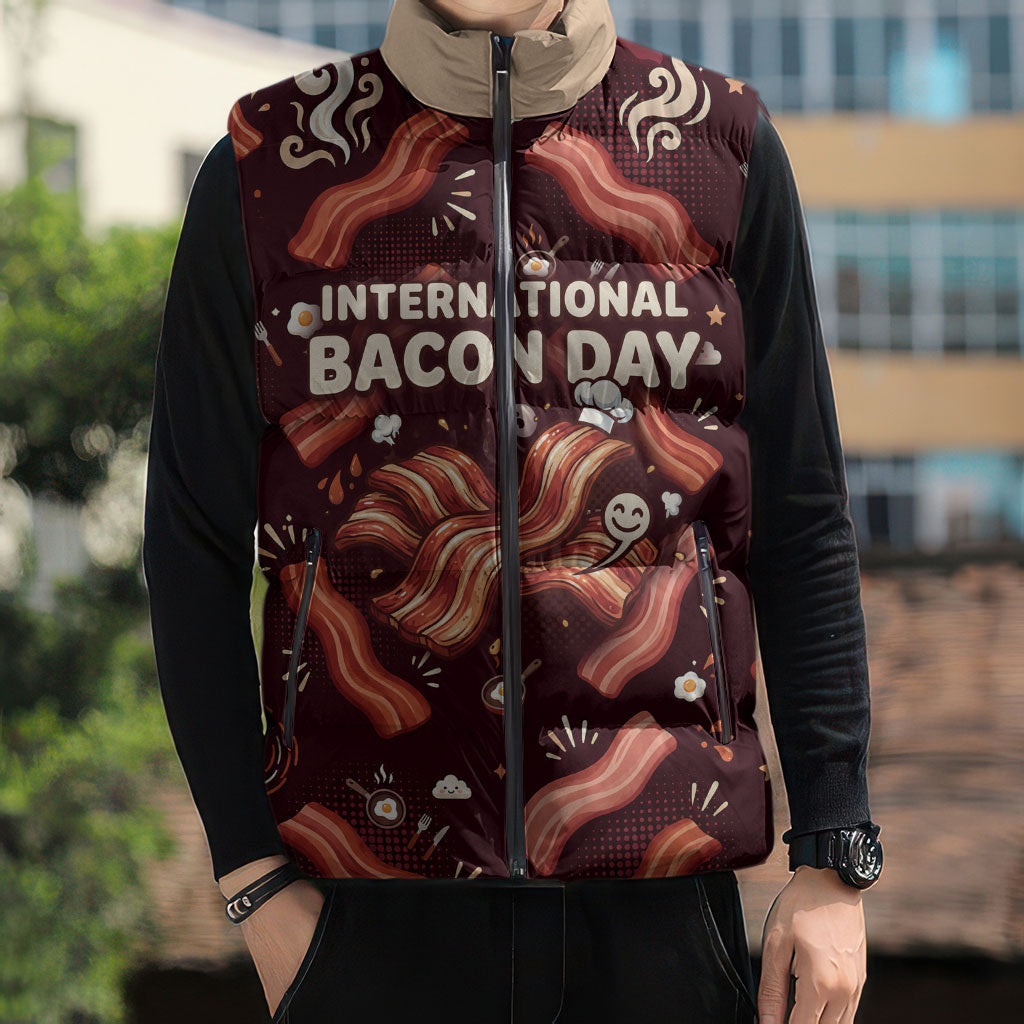 International Bacon Day Sleeveless Puffer Jacket Retro Bacon Pattern With Sizzling Skillet Graphic