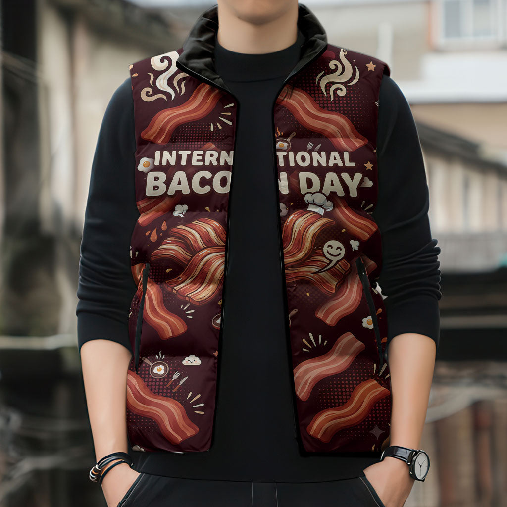 International Bacon Day Sleeveless Puffer Jacket Retro Bacon Pattern With Sizzling Skillet Graphic