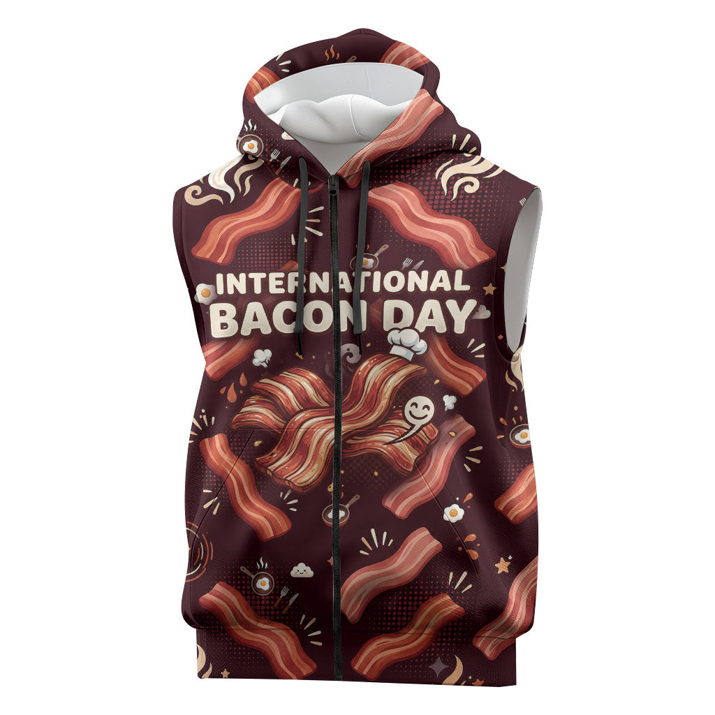 International Bacon Day Sleeveless Zip Hoodie Retro Bacon Pattern With Sizzling Skillet Graphic