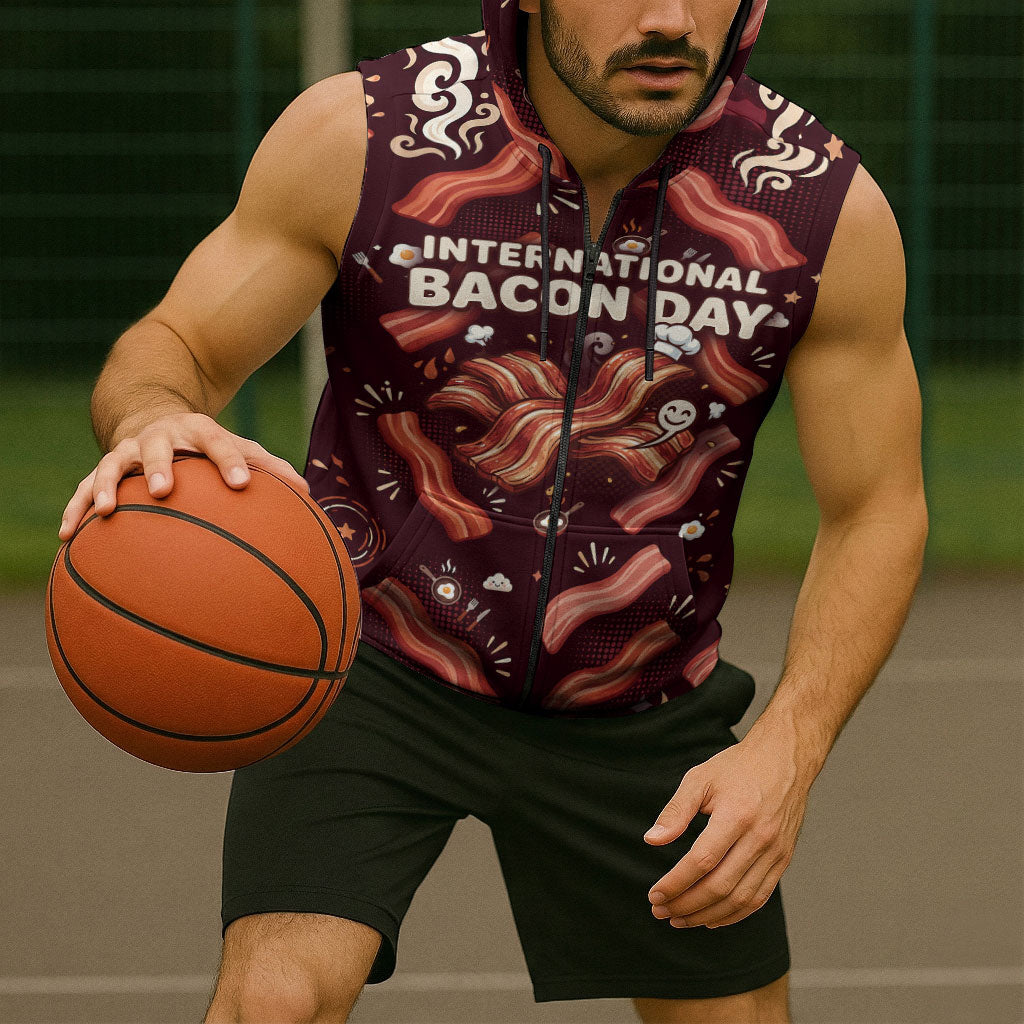 International Bacon Day Sleeveless Zip Hoodie Retro Bacon Pattern With Sizzling Skillet Graphic