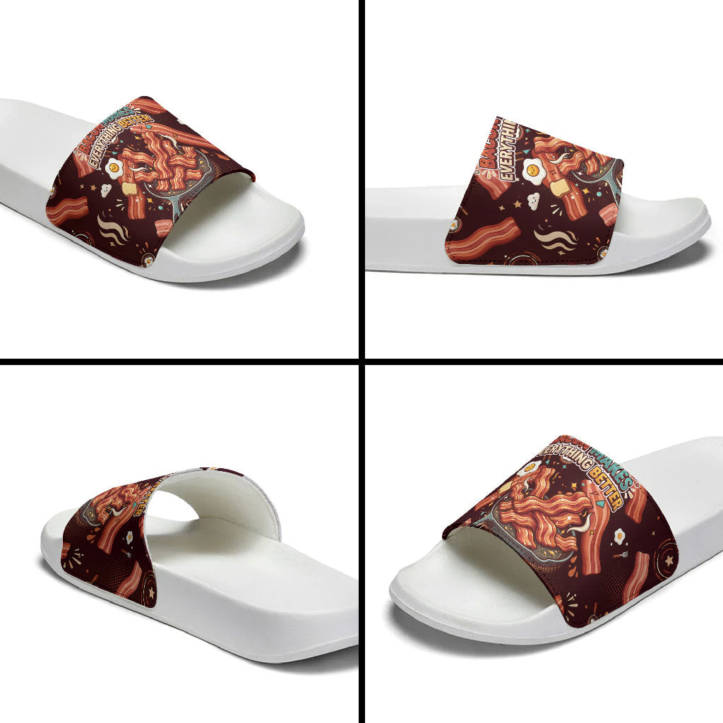International Bacon Day Slide Sandals Retro Bacon Pattern With Sizzling Skillet Graphic