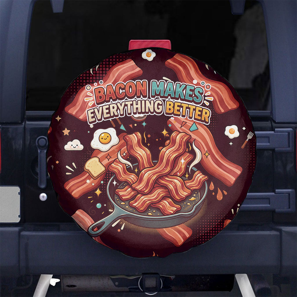 International Bacon Day Spare Tire Cover Retro Bacon Pattern With Sizzling Skillet Graphic