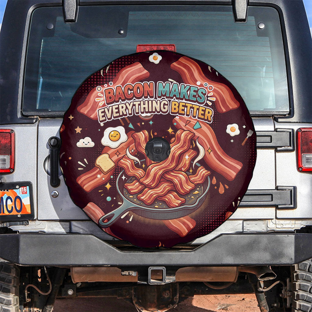 International Bacon Day Spare Tire Cover Retro Bacon Pattern With Sizzling Skillet Graphic