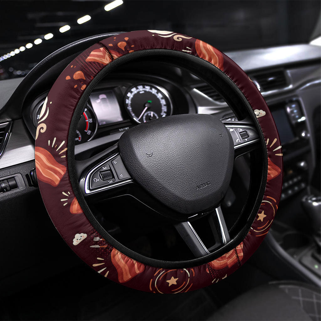 International Bacon Day Steering Wheel Cover Retro Bacon Pattern With Sizzling Skillet Graphic