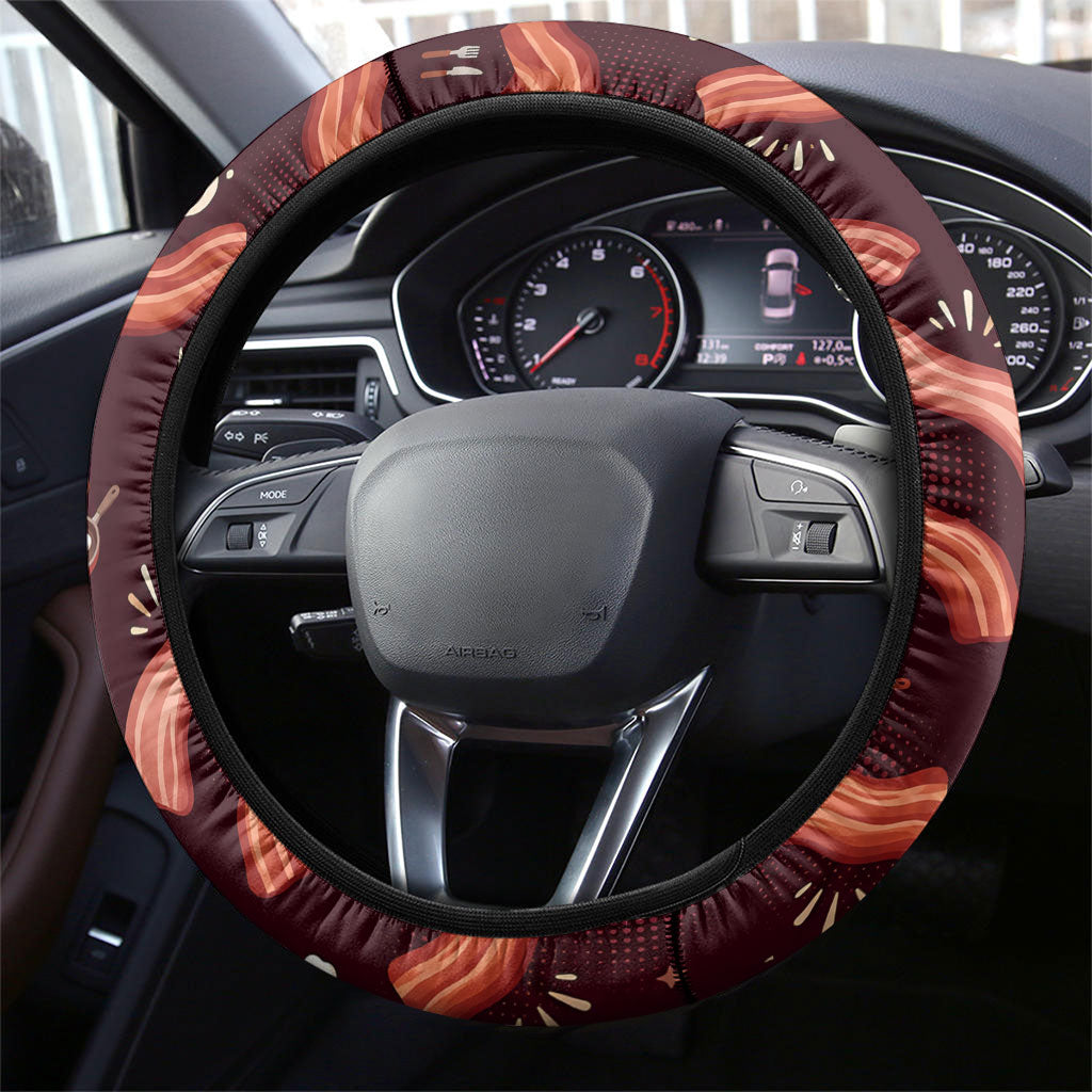 International Bacon Day Steering Wheel Cover Retro Bacon Pattern With Sizzling Skillet Graphic