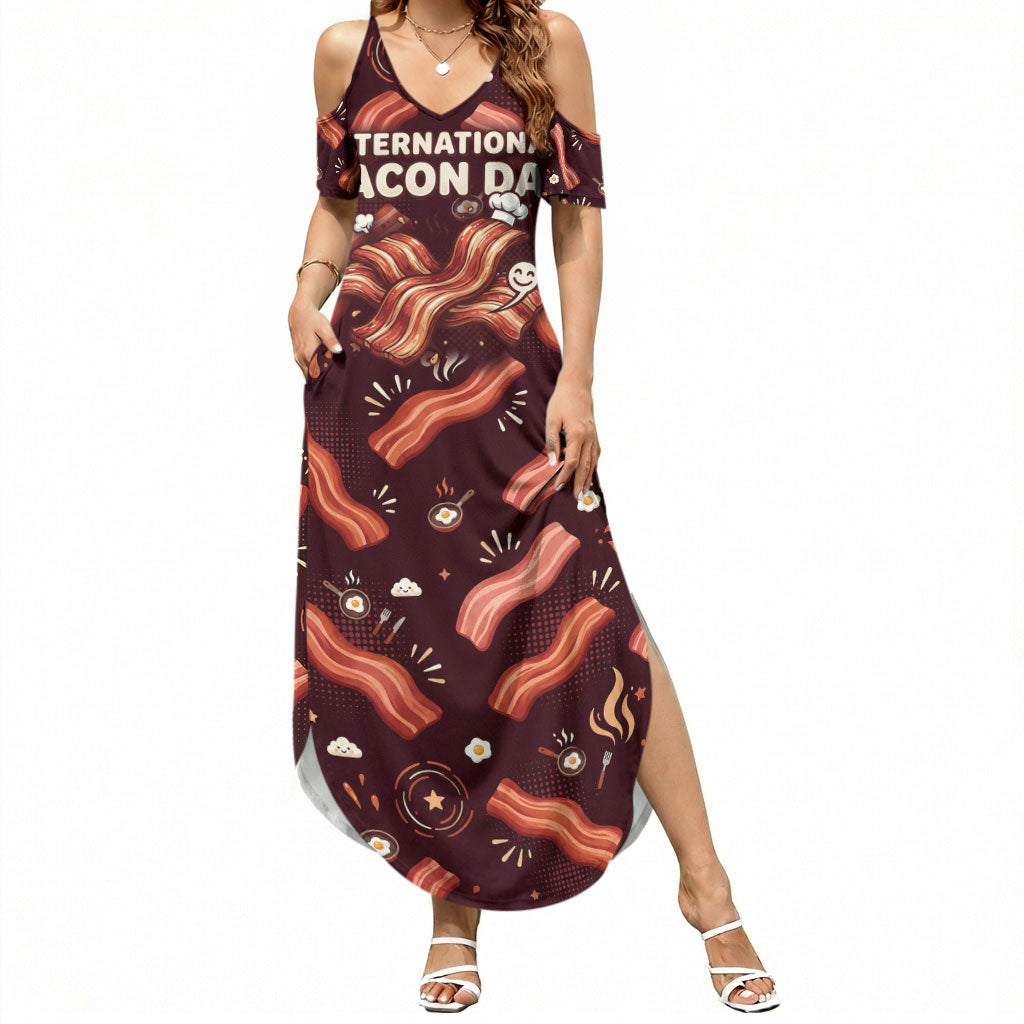 International Bacon Day Summer Maxi Dress Retro Bacon Pattern With Sizzling Skillet Graphic