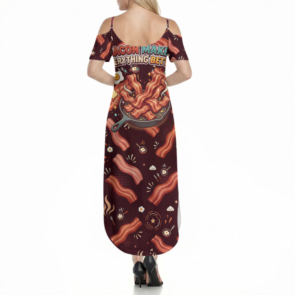 International Bacon Day Summer Maxi Dress Retro Bacon Pattern With Sizzling Skillet Graphic