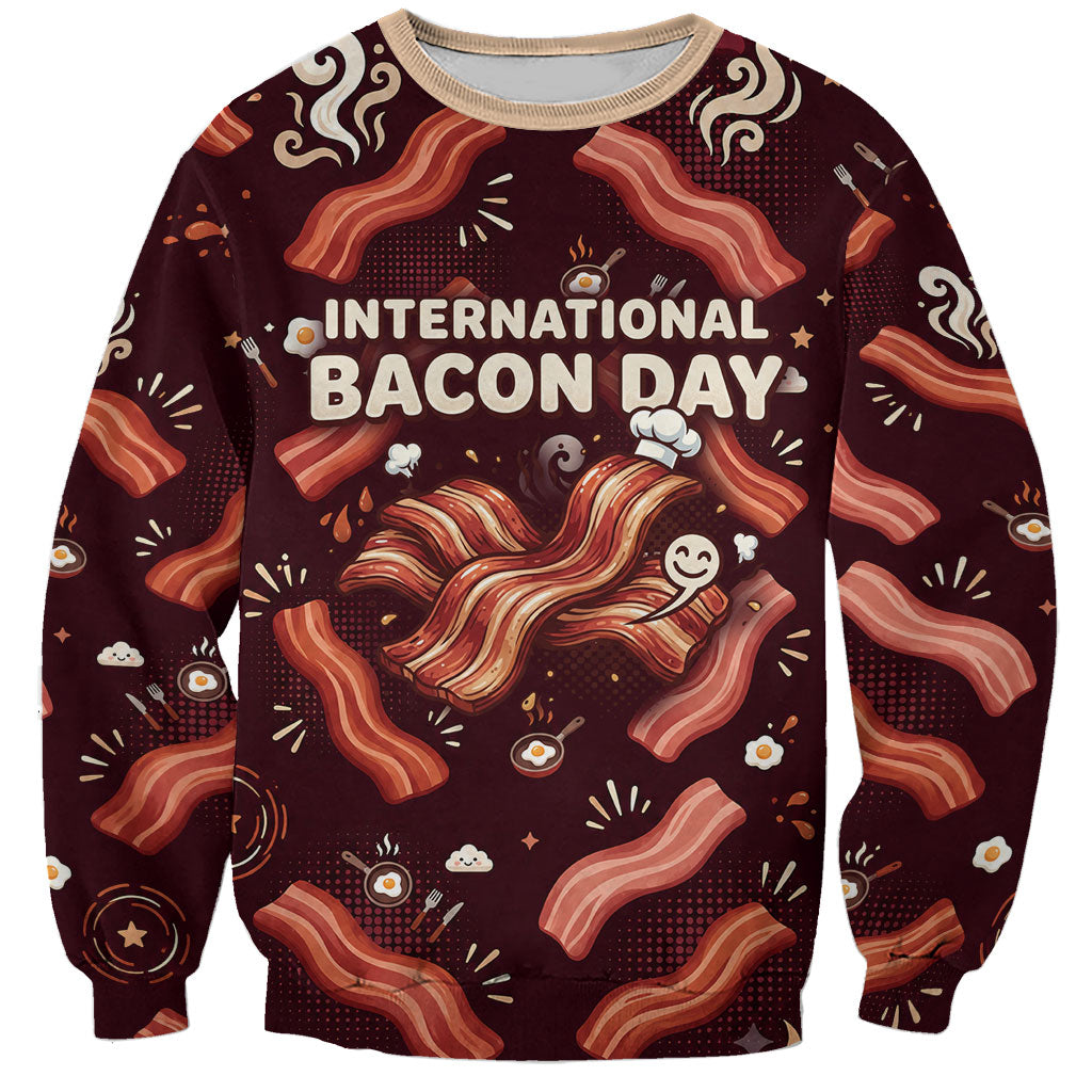 International Bacon Day Sweatshirt Retro Bacon Pattern With Sizzling Skillet Graphic