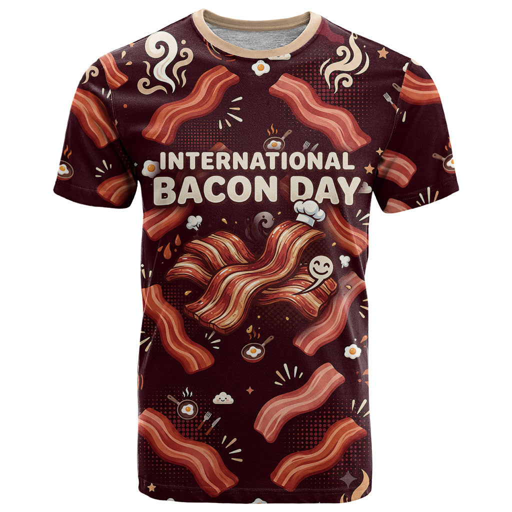 International Bacon Day T Shirt Retro Bacon Pattern With Sizzling Skillet Graphic