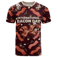 International Bacon Day T Shirt Retro Bacon Pattern With Sizzling Skillet Graphic