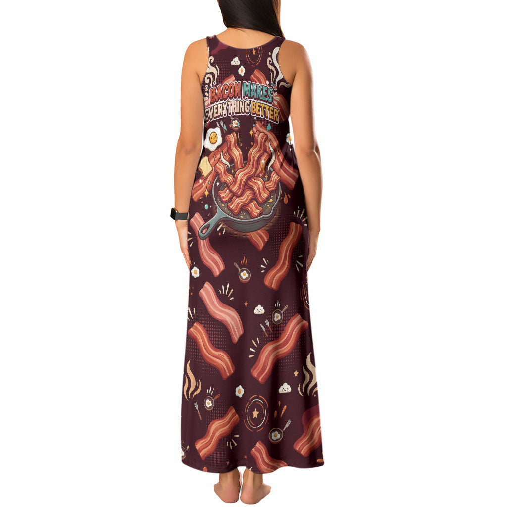 International Bacon Day Tank Maxi Dress Retro Bacon Pattern With Sizzling Skillet Graphic