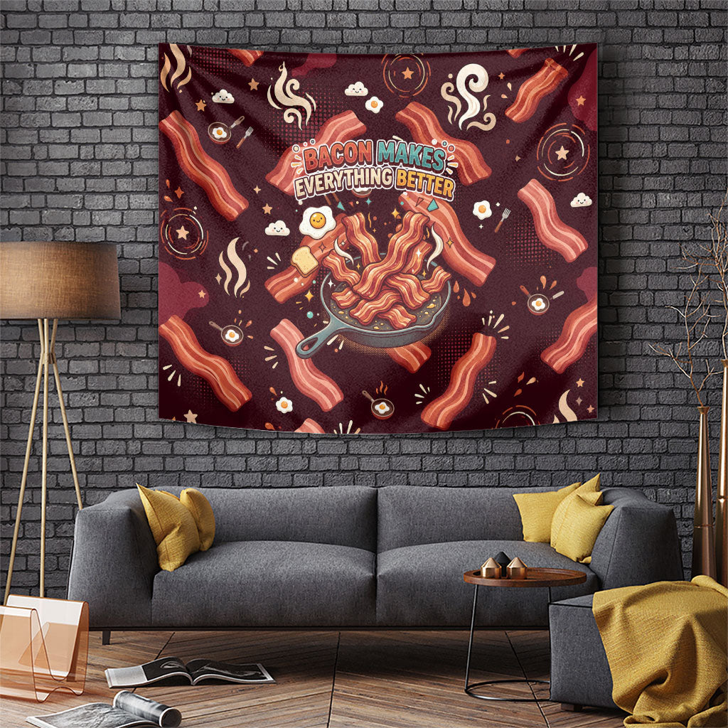 International Bacon Day Tapestry Retro Bacon Pattern With Sizzling Skillet Graphic