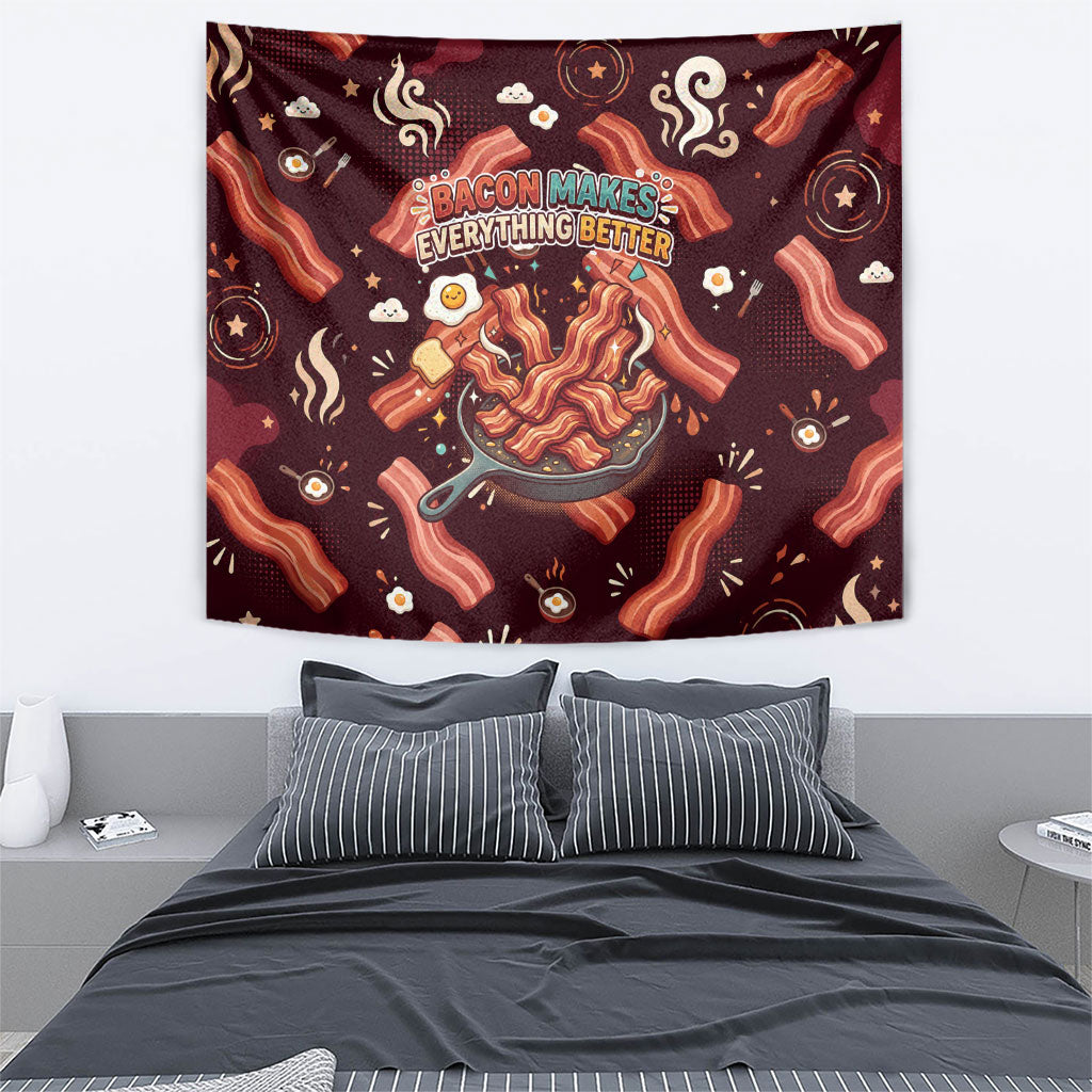 International Bacon Day Tapestry Retro Bacon Pattern With Sizzling Skillet Graphic