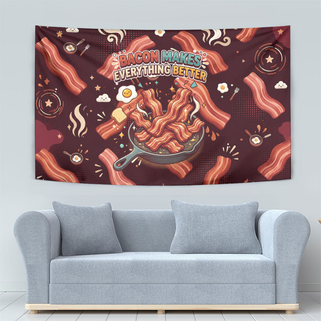 International Bacon Day Tapestry Retro Bacon Pattern With Sizzling Skillet Graphic