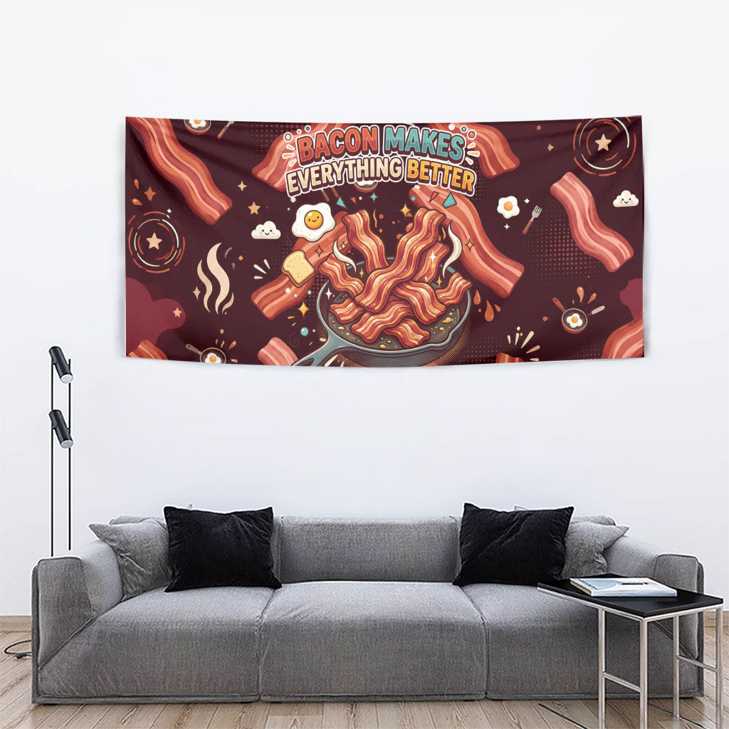International Bacon Day Tapestry Retro Bacon Pattern With Sizzling Skillet Graphic