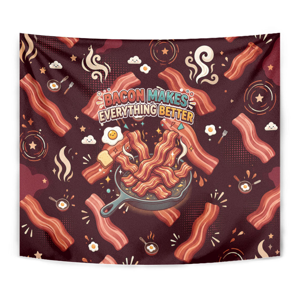 International Bacon Day Tapestry Retro Bacon Pattern With Sizzling Skillet Graphic