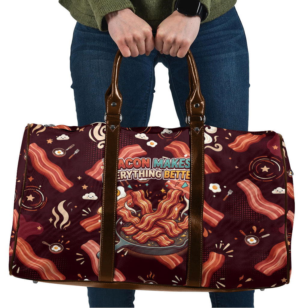 International Bacon Day Travel Bag Retro Bacon Pattern With Sizzling Skillet Graphic